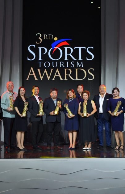 Jubilant winners of the 3rd Philippine Sports Tourism Awards at Resorts World Manila in 2019.